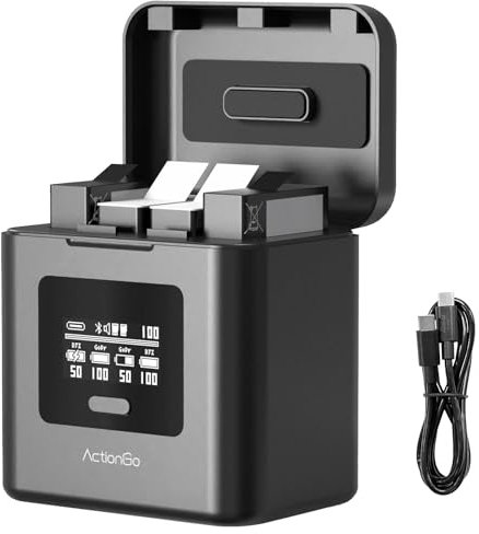 LIMETA 4-channel charger, 7000mAh Battery Charging Case Compatible with GoPro Hero Black 5/6/7/8/9/10/11/12 batteries and DJI Action 2/3/4/5 pro, fast charging, smart screen and app control