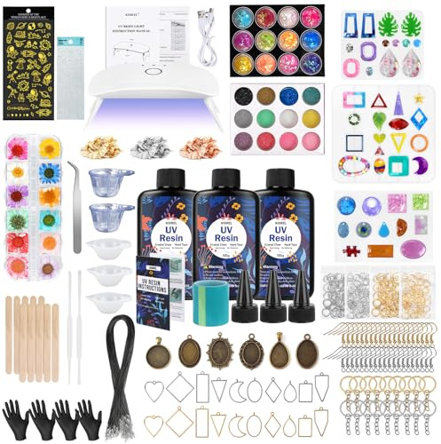 300g UV Harz Schmuckherstellung Kit, transparentes Harz mit Licht und Formen, Harz Starter Kit für die Herstellung von Schlüsselanhängern und Ohrringen
