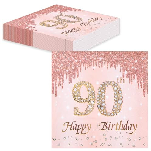 TOPWAYS 90 Geburtstagsdeko Servietten 60 Stück, Roségold Papier Party Servietten Tischdeko für 90. Geburtstag Mädchen Frau Frauen Party Happy Birthday Servietten Decorations (90)