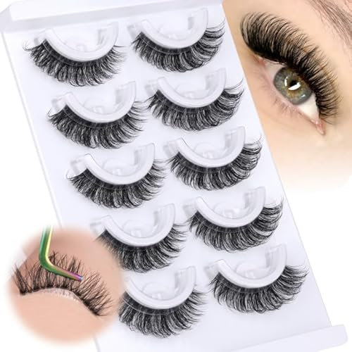 Fluffy Self Adhesive Eyelashes Cat Eye Lashes with Clear Band No Glue Needed Reusable Faux Mink False Eyelashes D Curl Self Adhesive Lashes 5 Pairs Wispy Strip Lash by Zegaine