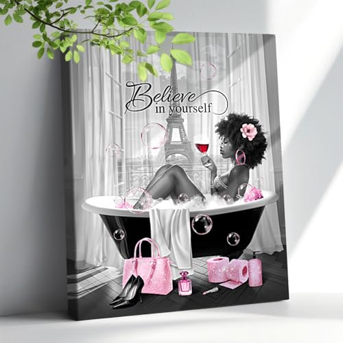 Badezimmer-Dekor, afrikanische amerikanische Wandkunst, modisch, schwarzes Mädchen in der Badewanne, Bilder, Leinwand, Wandkunst, moderne schwarze Frauen, Malerei, schwarz und rosa,
