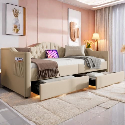 Bett 90x200 Schlafsofa mit bettkasten Polsterbett Einzelbett mit Schubladen Bettgestell mit USB Type C Ladefunktion und 2 Schubladen 90x200cm Samt in Beige Samt(Ohne Matratze)