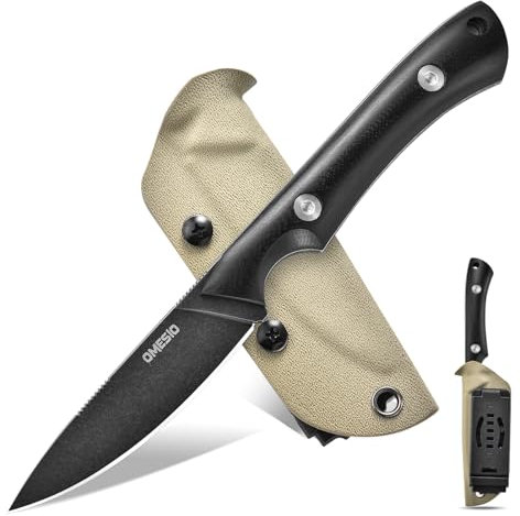 Omesio Couteau De Survie DC53 Steel, Lame Fixe avec étui en Kydex, Couteau De Ceinture EDC avec Manche en G10, Le Couteau Parfait pour La Survie en Milieu Sauvage (Noir)