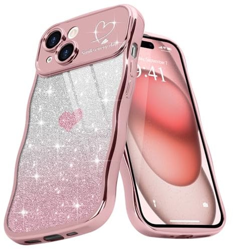 Teageo Cute Heart Pattern Curly Phone Case for iPhone 15, Wave Frame Glitter Case for Girls Women Aesthetic Bling Cover Shockproof Soft TPU Bumper for iPhone 15, Pink