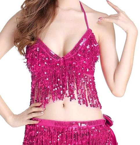 MUNAFIE Haut à paillettes pour femme avec franges, dos nu, pour festival, danse du ventre, costume, Rose, taille unique