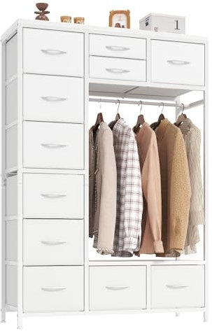 HIGDBFE 54.6 Tall 2-in-1 Dresser with Hanging Rack, 11 Drawers Bedroom Dresser for Closet, TV Stand Dressers with Clothes Rack, Chest of Drawers with Wooden Top for Living Room, Kids Room, White