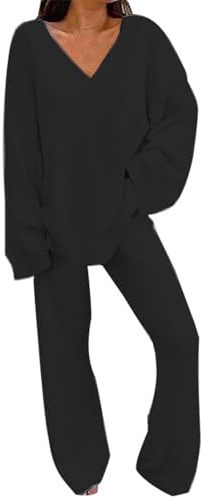 Ensembles De Pyjama Femme Hiver Pyjama à Manches Longue 2 Pièces Pantalon à Taille Élastique Haut Tricot Vêtement de Nuit Doux Vêtement d'Intérieur Sleepwear Grande Taille Chic et Elegant