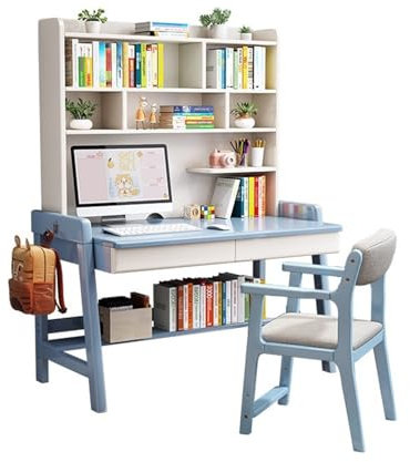 Solid Wood Blue Desk with Bookcase and Chair Set Perfect for Home Office or Bedroom 100 x 60 x 186 cm Study Desk and Storage Solution for Work or Study at Home