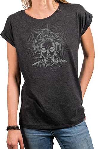 MAKAYA Yoga Shirt Damen Kurzarm Top Lotus Buddha Motiv mit Kopfhörer Namaste Meditation