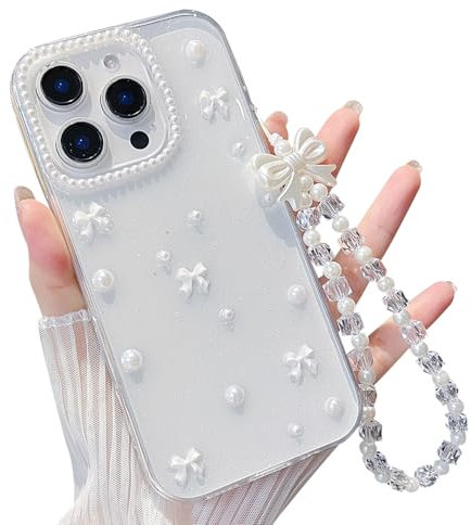 MINSCOSE für iPhone 11 Pro Klar Glitzer Hülle,Süßes Schleife Perle Ästhetische Transparente Teen Girls Dünne Schutzhülle mit Charms Kette Armband-Weiß