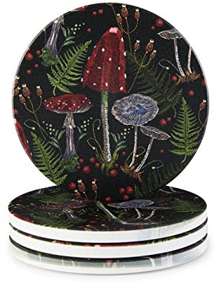 Vibiliyou Set mit 4 niedlichen Vintage-Pilz-Untersetzern, hergestellt aus saugfähiger Keramik im Boho-Cottagecore-Design mit botanischen Farnmustern in Rot und Schwarz, perfekt zum Schutz von