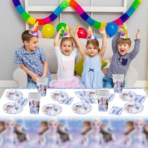 61 Stück Frozen Geburtstags Partygeschirr, Frozen Geburtstagsdeko, Frozen Partygeschirr Dek, Teller, Papierserviette,Tasse,Tischdecke, für Mädchen Eiskönigin Geburtstagsdeko, Wiederverwendet Werden