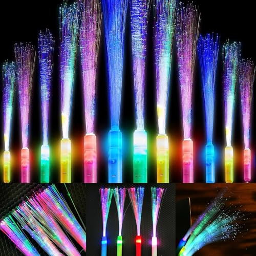 Funmo 12 Stück Leuchtstäbe Glasfaser, Leuchtstäbe Partyzubehör, Bunt blinkende LED Leuchtstäbe, 3 Modi Blinkende, für Mitgebsel Kindergeburtstag, Kinder Weihnachten, Party, Konzert, Hochzeit