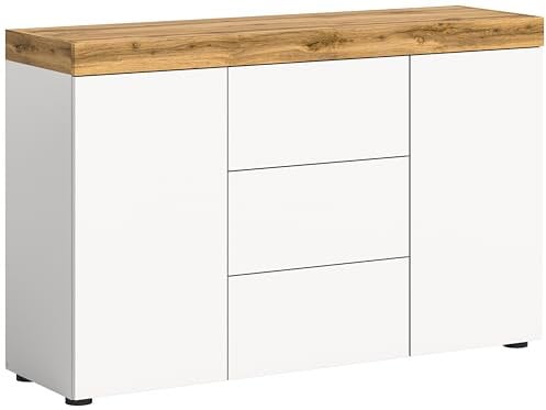 xonox.home Wohnzimmer Sugar Sideboard Kommode Schrank Anrichte Stauraumschrank in weiß melamin Absetzung Wotan Eiche melamin, ca.125x80x37 cm