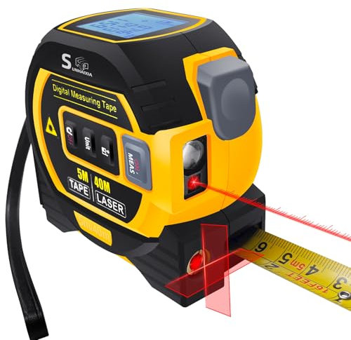 Fitdays 4-in-1 Laser-Entfernungsmesser 40 m mit Großem LCD-Display | Digitales Laser- Messgerät in/ft/m Berechnungen | Maßband 5M | Kreuzlaser für Waagerechte/Senkerechte| (Gelb-HS)