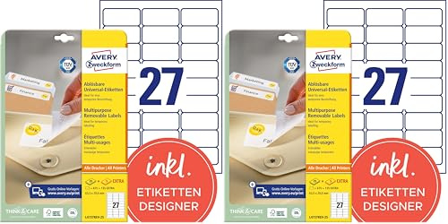 AVERY Zweckform L4737REV-25 Universal Etiketten (675 plus 135 Klebeetiketten extra, 63,5x29,6mm auf A4, wieder rückstandsfrei ablösbar/abziehbar, bedruckbar, selbstklebende Aufkleber) 30 Blatt, weiß