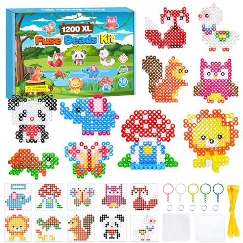 PITMT 10mm Cuentas para Planchar, 1200 Piezas XL Fuse Beads 10 Colores con Plantilla de Planchado, 10 Patrones 3 Papeles para Planchar 5 llaveros y Accesorios para Niños Regalos de Artesanía
