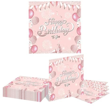 GlamRays 20 Serviettes d'anniversaire Roses et argentées jetables en Papier pour dîner, Pique-Nique, Cocktail, décorations de fête d'anniversaire pour Hommes et Femmes (Rose)