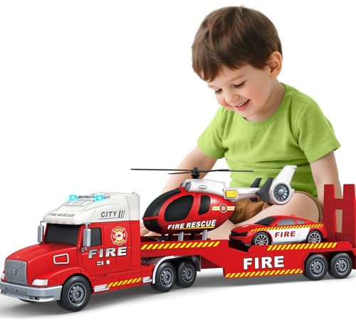 SpringFlower Toddler Boys Toys, 3 4 5 Large Fire Truck Toys with Lights Sounds, Truck Car with Racing Car and Helicopter, Semi Vehicle Brithday for 3 4 5 6 7 Boys Girls