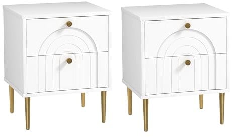 HOMCOM Lot de 2 Tables de Chevet Table de Nuit avec 2 tiroirs et Pieds en Acier, Style Moderne, Tables d'appoint pour Chambre à Coucher, Salon, 40 x 35 x 50 cm, Blanc
