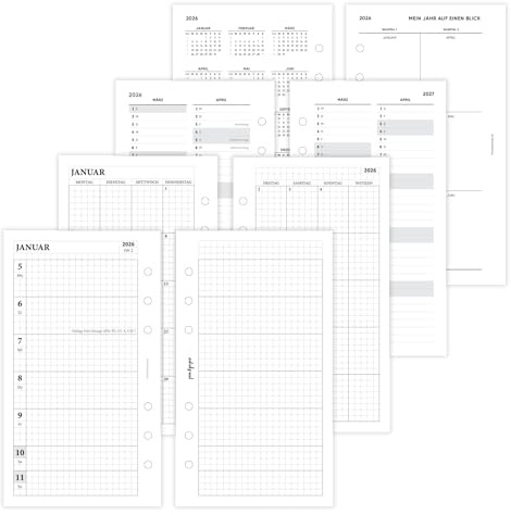 pen & pages® Kalender 2026 Kariert Familienkalender 1 Woche auf 2 Seiten Personal 9,5 x 17,1 cm Einlage für Ringbuch mit Monatsübersicht Jahresübersicht DACH Feiertagen 6 fach Lochung (All-in-One)