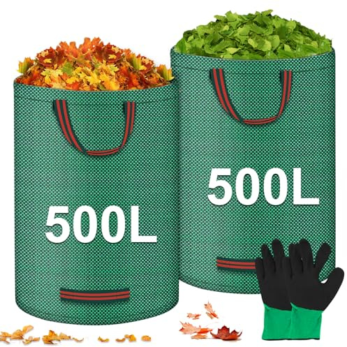 2 x 500L Gartenabfallsack mit 2 Paar Handschuh Laubsack Gartensack mit Griffen, Stabil Selbststehend Gartenabfallsäcke Garten Laubsammler Abfallsack Laubsäcke für Gartenabfälle