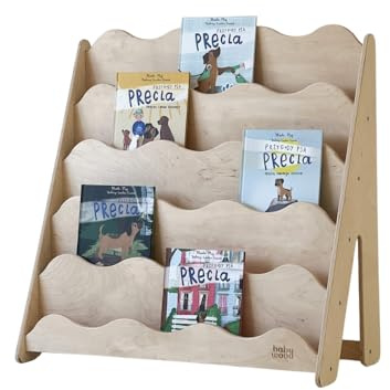 Babywood Bücherregal Wave M – Montessori Kinder-Bücherregal, frontales Regal mit 5 Ebenen, offenes Standregal aus Birkenholz, kinderfreundliche Höhe für Kinderzimmer, Größe M (Natur)