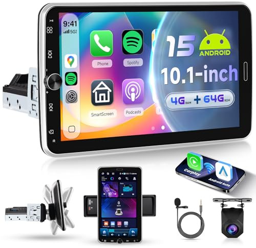 VECHTEL 4G+64G Android 15 Autoradio 1 Din mit Drahtlos Carplay Android Auto,10.1-Zoll-Rotations-HD-Touchscreen Auto Radio mit Bluetooth 5.0 GPS Wi-Fi FM RDS Radio Link Spiegeln USB Rückfahrkamera