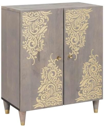 Holamys Sideboard Grau Gold 60x33.5x75cm, Massivholz Mango, Modernes Design, Geräumiger Stauraum, Für Wohnzimmer und Esszimmer