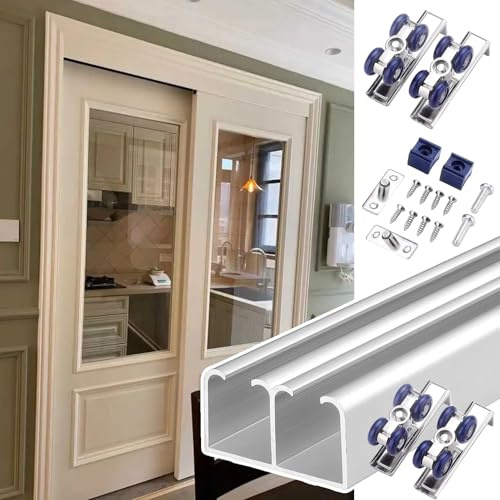 Rail Porte Coulissante Kit de Quincaillerie pour Portes Coulissantes de Cuisine, Rail pour Portes Coulissantes Doubles de Placard Coulissantes Chevauchement(Silver,120cm(47.2in))