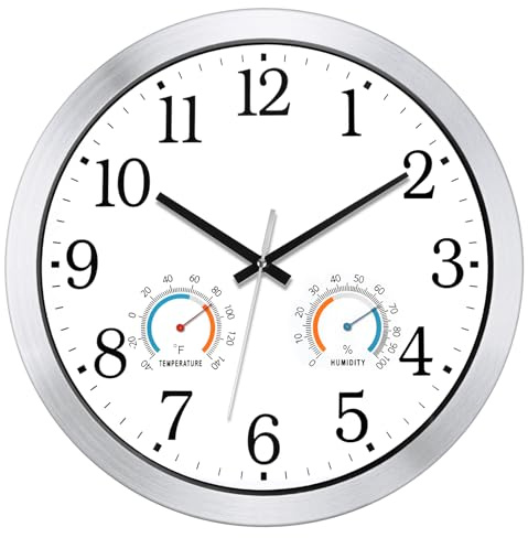 Caysie 40,6 cm versiegelte Innen- und Außenuhren, wasserdicht mit Thermometer und Hygrometer-Kombination, leise, batteriebetriebene Quarz-Wanduhr für Terrasse, Pool, Badezimmer, draußen, Zuhause (weiß