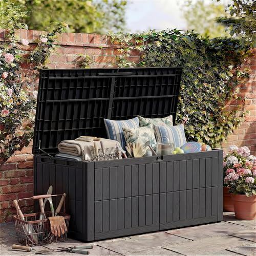Amopatio 680L Extra Large Garden Storage Box - Wood Effect Outdoor Deck Box & Storage Chest - Heavy Duty Weatherproof Plastic with Lockable Lid & Carry Handles For Patio Cushions, Tools & Toys, Black