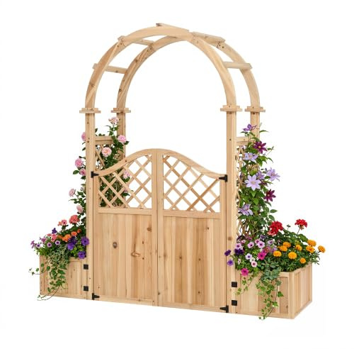 Arche de jardin en bois de sapin, tuteur pour plantes grimpantes avec pot de fleurs et portail, pour jardin, cour, terrasse, naturel
