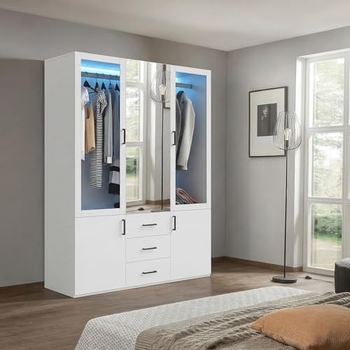 Quiaviank Armario con 4 puertas y 3 cajones, 180 cm de alto, armario con espejo y barra para colgar ropa para dormitorio, 130 x 51,8 x 181,5 cm