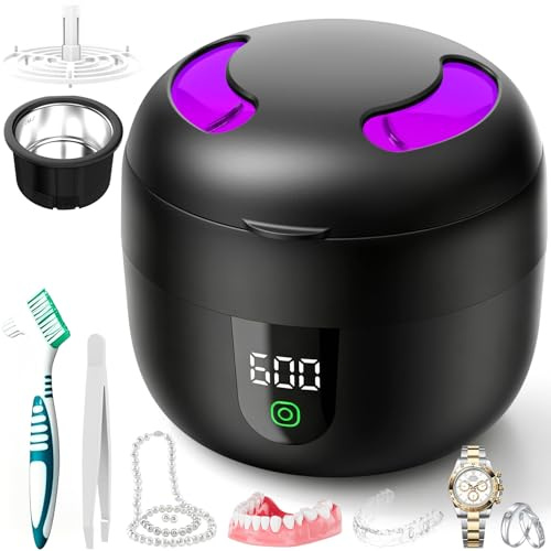 QumKal Ultrasonic Retainer Cleaner, 4 UV-C Denture & Aligner Cleaner | 4 UV-C + 45kHz deep clean for retainers, dentures & aligners. Removable tank, quiet & compact for UK homes