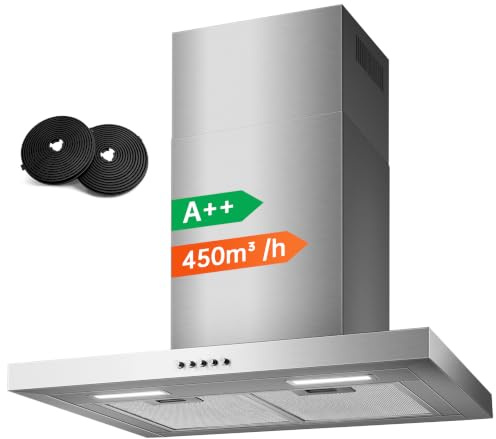TopStrong 60cm Dunstabzugshaube Wandmontage, 450m³/h T-Shape Abzugshaube, 3-Stufen mechanisch, A++ bürstenloser Motor, 430 Edelstahl, LED, Umluft & Abluft Dunstabzugshaube