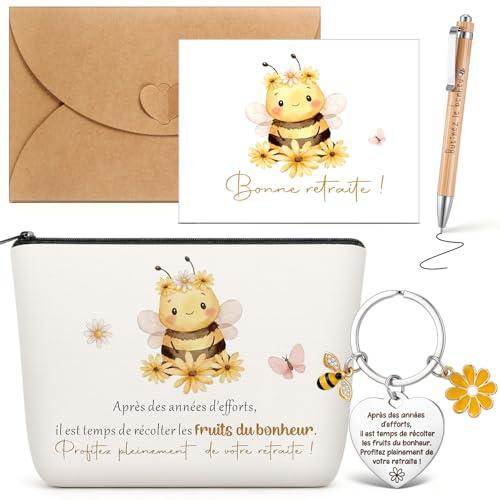 Nezyo 5 Pièces Set Cadeaux Retraite pour Femme 1 Trousse à Maquillage d'abeille 1 Porte-Clés 1 Stylo Bille en Bois 1 Carte avec 1 Enveloppe Cadeau de Départ pour Adieu Collègue Maîtresse Amis Maman