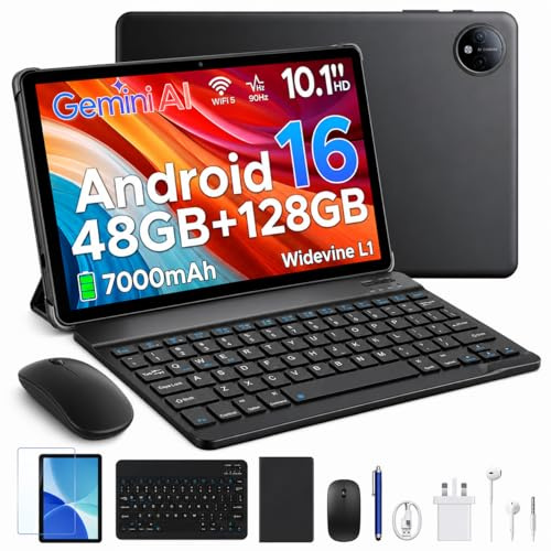 P10 10 Inch Android 16 Tablet with Gemini AI, 48GB+128GB/TF 2TB, 7000mAh, Quad-Core Processor, 90Hz, 5+8MP/Dual Speakers/3.5mm Headphone Jack/Face Unlock/Widevine L1, Tablet with Keyboard & Pen, Black