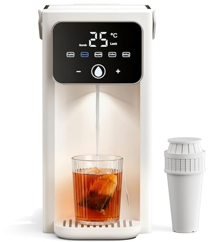 KOMORE 3L Instant Hot Water Dispenser, One Cup Kettle with Filter, White | 250ml-500ml, 16 Temps 25°C-100°C, LED Touch Display, 2200W, Auto Clean, Child Lock, for Tea, Coffee & Baby Formula