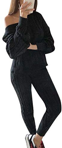 2PC Femmes Solides Tricoté Chaud Sportif Survêtement Sweat-Shirt + Pantalon Ensemble Tricot Chandail Sportswear pour Yoga Gymnastique Jogging Manches Longues