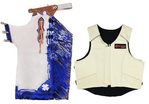 HILASON Bull Riding Pro Rodeo White Leather Protective Vest & Chaps Combo | for Women and Men Unisex Western