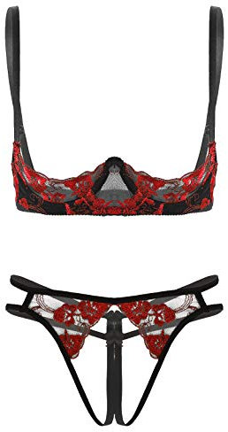 Kaerm Woman's See Through Sheer Lace Lingerie Set 1/4 Cups Underwired Push Up Bra Top with G-String Briefs Red Type A M