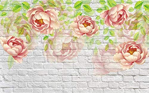 ZXCHEE Papier Peint Panoramique Briques Blanches Feuille Verte Rose Fleur 300x210cm Papier Peint Intissé 3D Tapisserie Poster Decoration Murale Chambre Salon