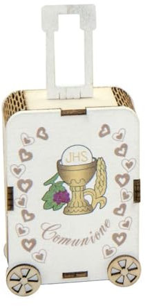 Ingrosso e Risparmio Lot de 6 boîtes à dragées en forme de valise/trolley en bois avec calice et hostie, nouveauté bomonier première communion enfant (avec dragées blanches)