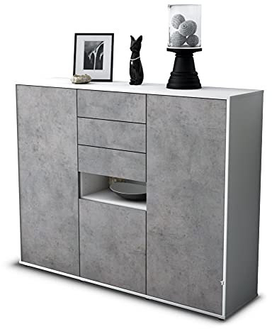 Stil.Zeit Highboard Kommode Paulina, Korpus Weiss matt, Front Industrie-Design Beton (136x108x35cm), Push-to-Open Technik & Leichtlaufschienen
