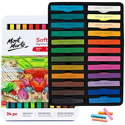 MONT MARTE Soft Pastels in Tin Box Signature 24pc, 24 Assorted Colours, Vibrant Pastel Sticks, Great Blending, Comes in Storage Case, Ideal For Art, Craft, Colouring and Sketching
