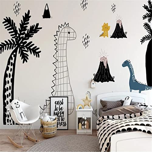MAANINE Personnalisé 3D papier peint mural moderne peint à la main noir et blanc dessin animé dinosaure chambre d'enfants décoration murale 150 cm * 105 cm