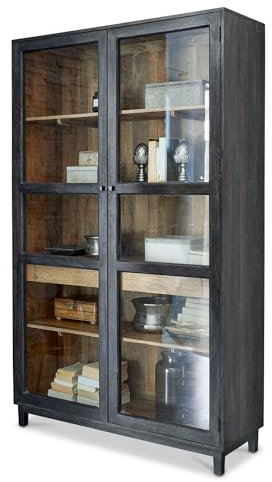 Loberon Schrank Altagracia, Schöne Holzmaserung mit Antik-Finish, Herausnehmbare Einlegeböden, Zeitlose Eleganz, Mangoholz, Glas, schwarz/braun
