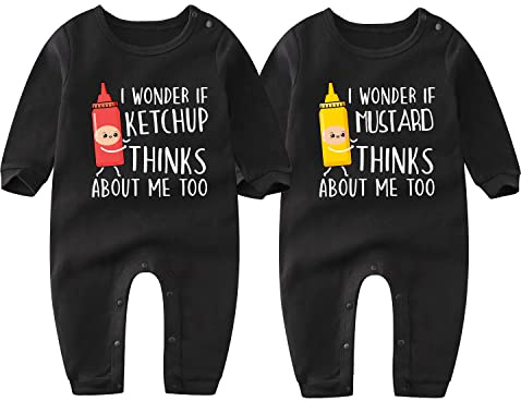culbutomind Baby Twins Bodysuits Yummz Ketchup Mustard Newborn Baby Outfits Unisex Romper Infant Twin Toddler Clothes(black thinks 9m)