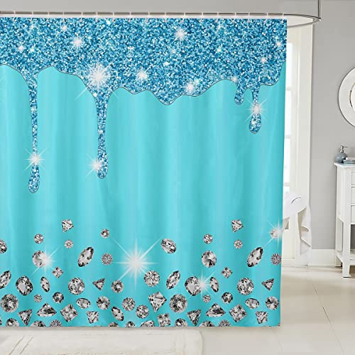 Loussiesd Silver Glitter Shower Curtain (No Glitter) Bling Partyations Lake Blue Bathroom Fabric for Diamond and Jewelry Bath Curtain Waterproof Curtains Stalls Bathtubs 72x78 Inch